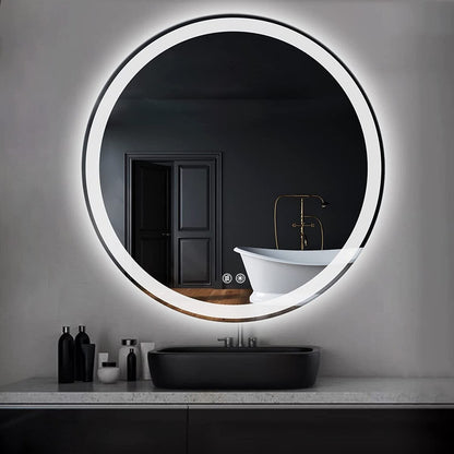 Miroir de coiffure sans cadre, rond, à éclairage LED, avec fonction de gradation et anti-buée.