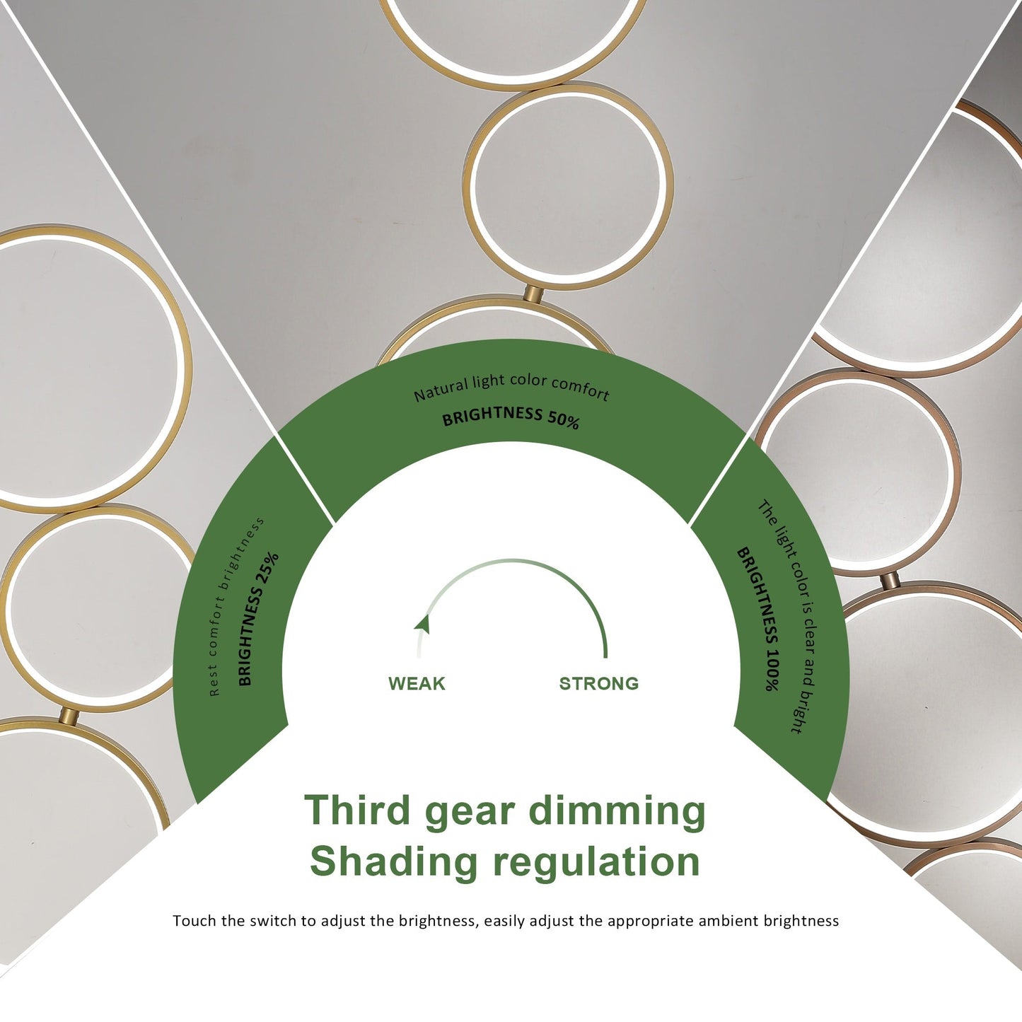 Lampe de sol moderne à LED, dimmable, à 3 intensités lumineuses, avec 5 anneaux, pour coin salon.