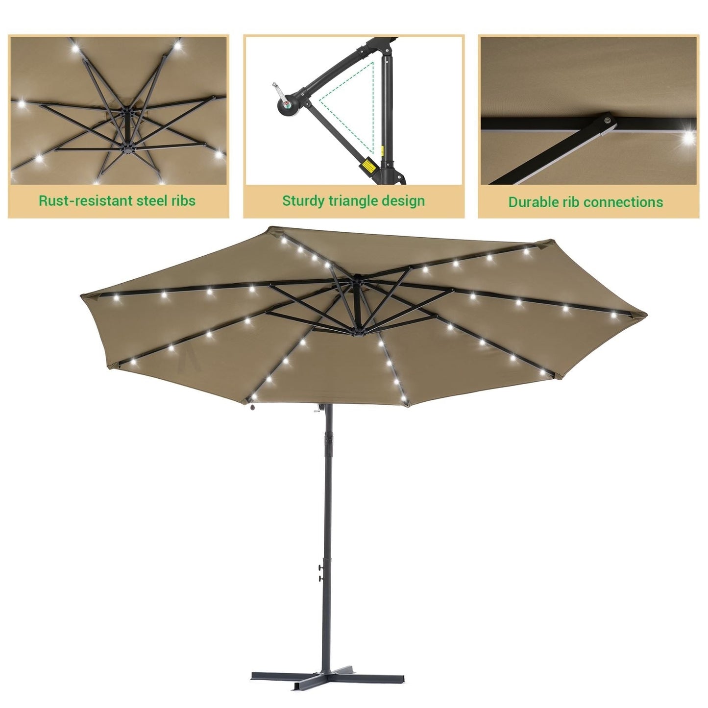 Parasol de jardin déporté LIVOOSUN 10 pieds avec base en croix et éclairage LED
