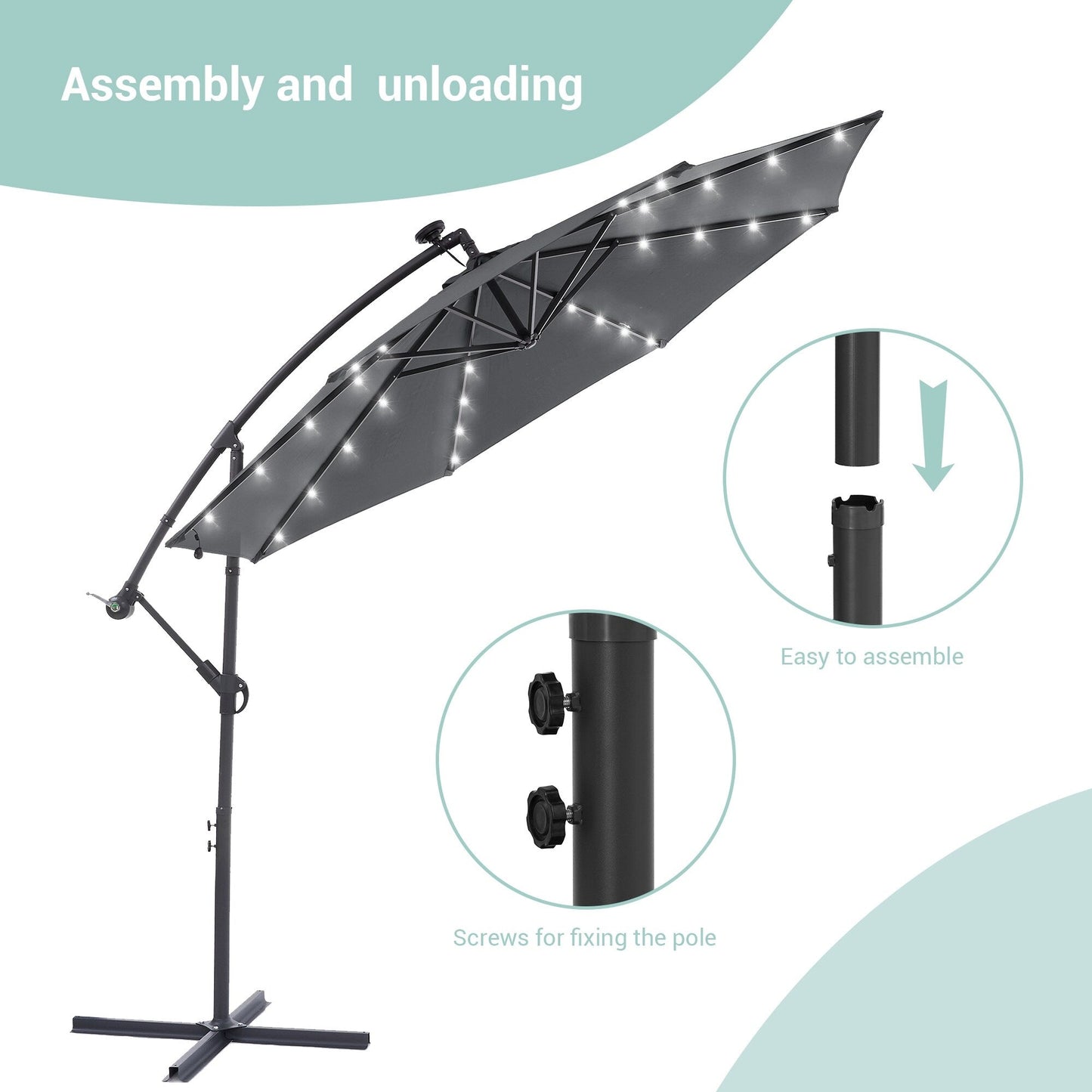 Parasol de jardin déporté LIVOOSUN 10 pieds avec base en croix et éclairage LED