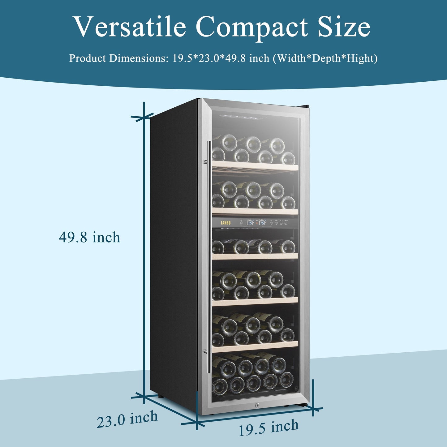 Lanbo Cave à vin autoportante à double zone de 20 pouces pouvant contenir 64 bouteilles, avec porte vitrée à cadre en acier inoxydable et deux serrures de sécurité.