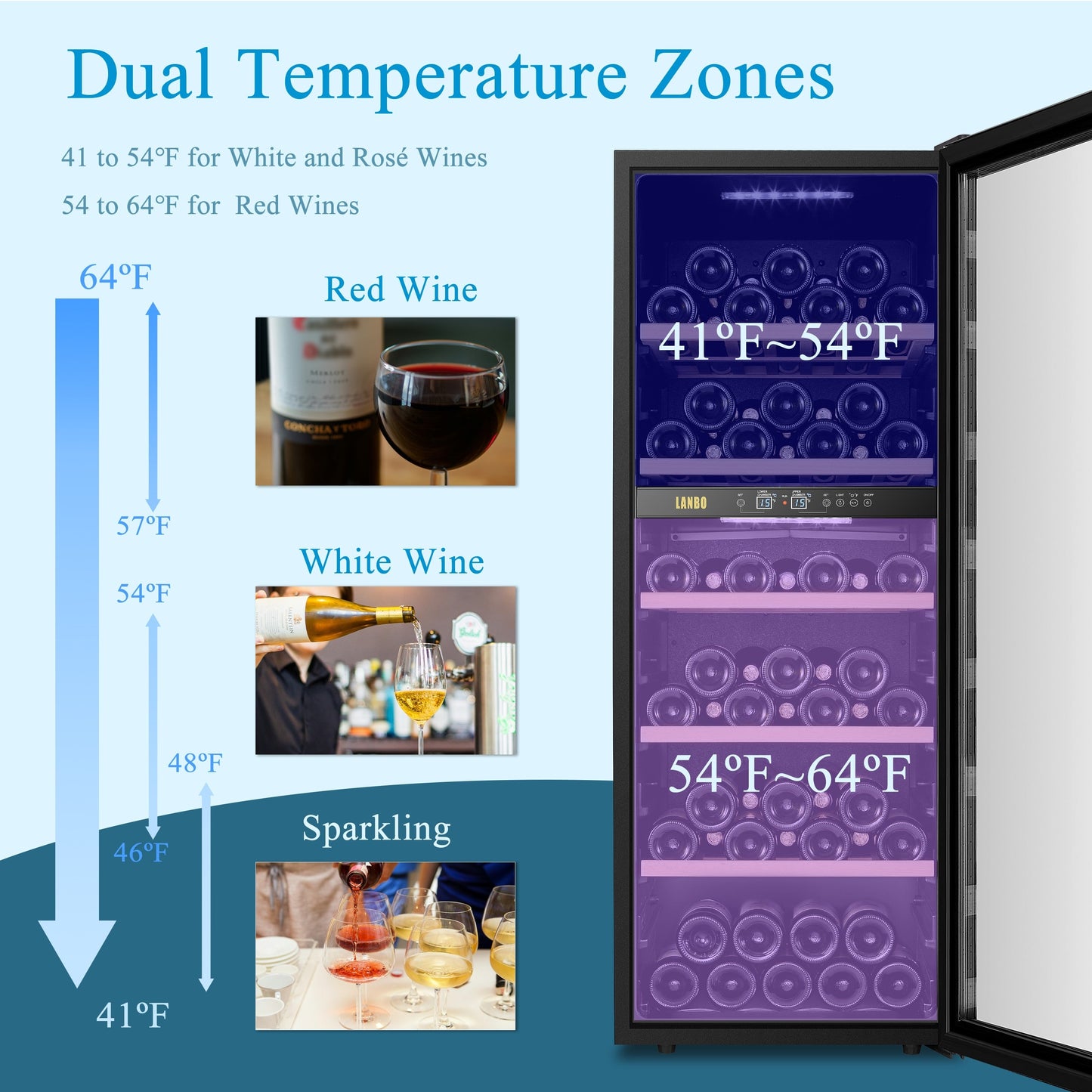 Lanbo Cave à vin autoportante à double zone de 20 pouces pouvant contenir 64 bouteilles, avec porte vitrée à cadre en acier inoxydable et deux serrures de sécurité.