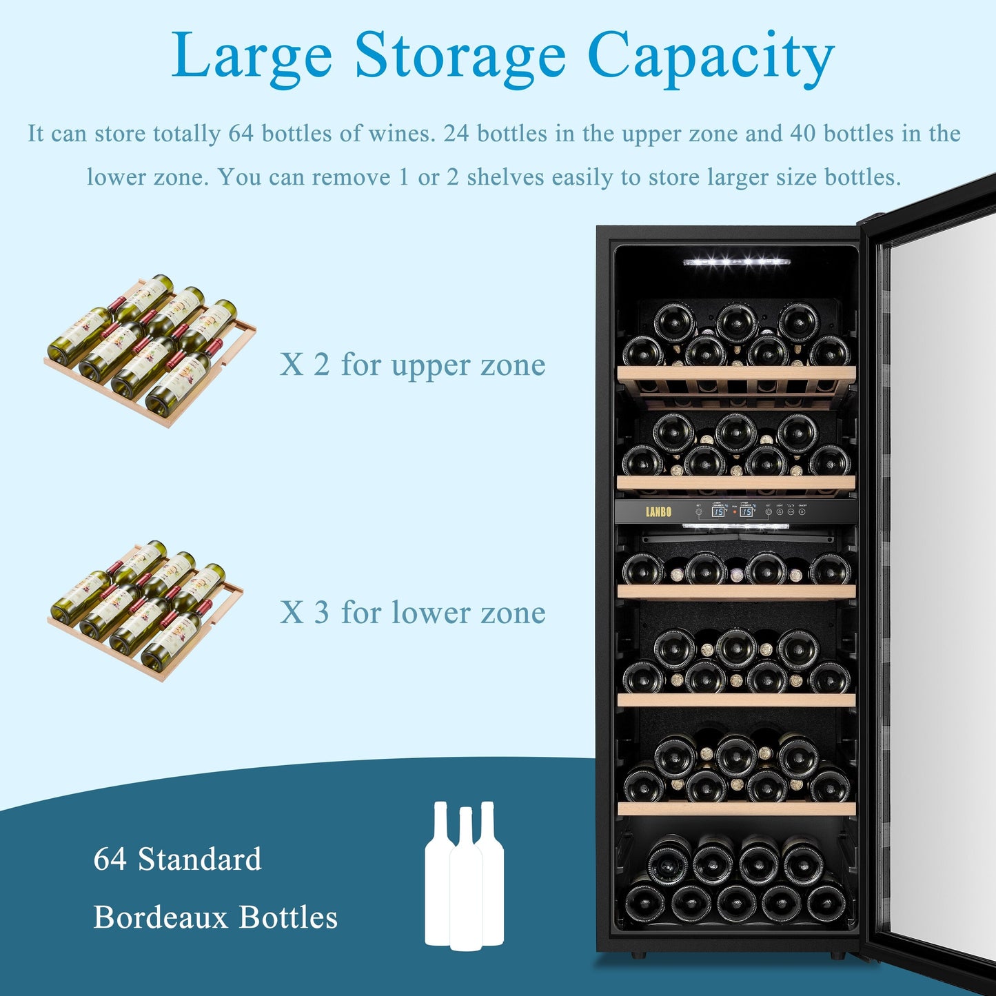 Lanbo Cave à vin autoportante à double zone de 20 pouces pouvant contenir 64 bouteilles, avec porte vitrée à cadre en acier inoxydable et deux serrures de sécurité.