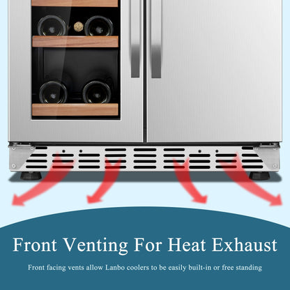 Lanbo Réfrigérateur à vin et à boissons de 24 pouces à double zone, pouvant contenir 18 bouteilles de vin et 55 canettes, en acier inoxydable et verre avec porte à la française.