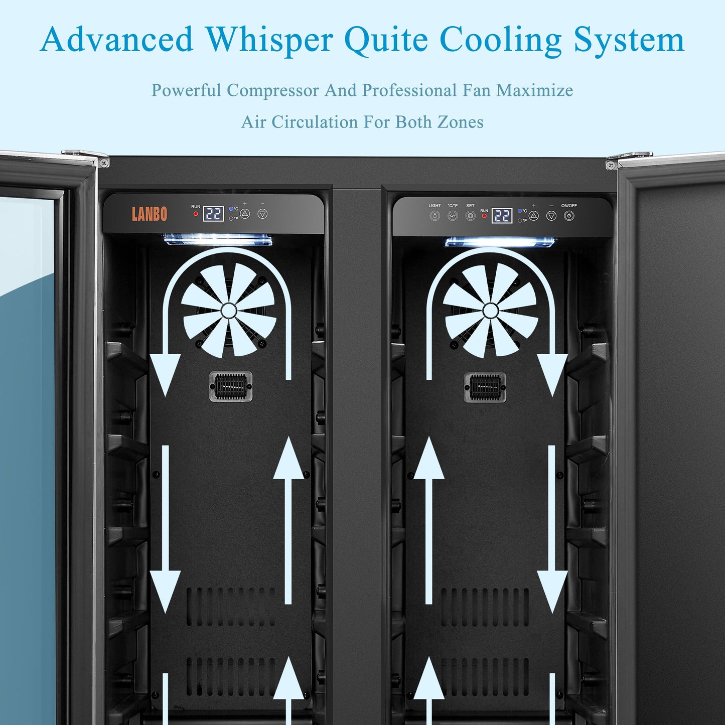 Lanbo Réfrigérateur à vin et à boissons de 24 pouces à double zone, pouvant contenir 18 bouteilles de vin et 55 canettes, en acier inoxydable et verre avec porte à la française.