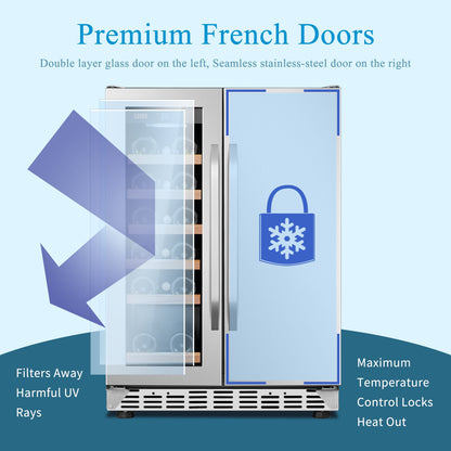 Lanbo Réfrigérateur à vin et à boissons de 24 pouces à double zone, pouvant contenir 18 bouteilles de vin et 55 canettes, en acier inoxydable et verre avec porte à la française.