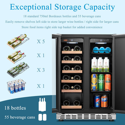 Lanbo Réfrigérateur à vin et à boissons de 24 pouces à double zone, pouvant contenir 18 bouteilles de vin et 55 canettes, en acier inoxydable et verre avec porte à la française.