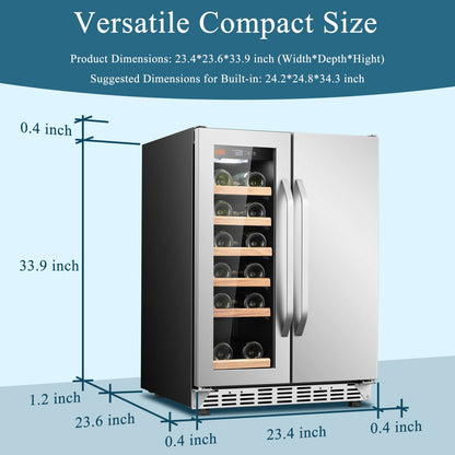 Lanbo Réfrigérateur à vin et à boissons de 24 pouces à double zone, pouvant contenir 18 bouteilles de vin et 55 canettes, en acier inoxydable et verre avec porte à la française.