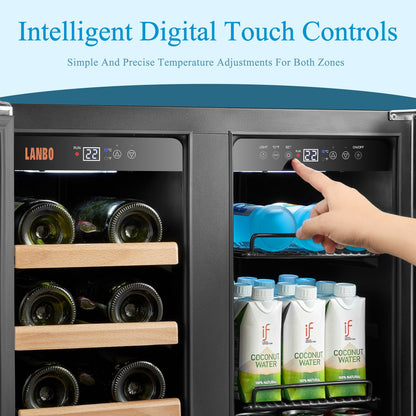 Lanbo Réfrigérateur à vin et à boissons de 24 pouces à double zone, pouvant contenir 18 bouteilles de vin et 55 canettes, en acier inoxydable et verre avec porte à la française.