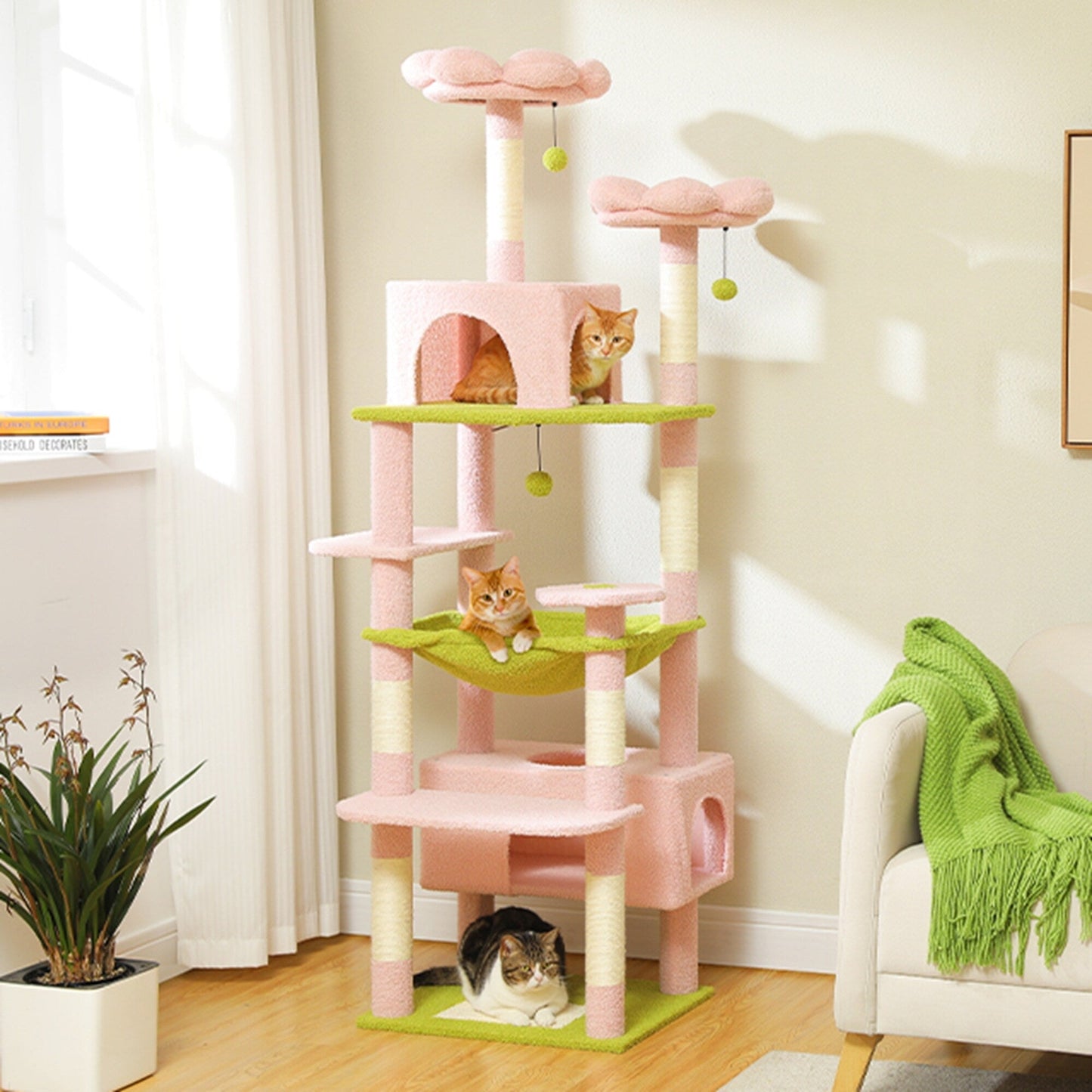 Grand arbre à chat, condo pour chat avec poteaux et coussins à gratter, 2 perchoirs rembourrés, double condo et panier.