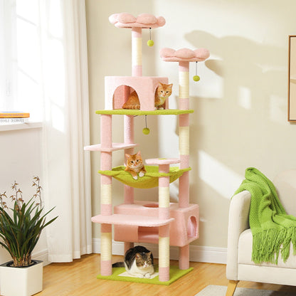 Grand arbre à chat, condo pour chat avec poteaux et coussins à gratter, 2 perchoirs rembourrés, double condo et panier.