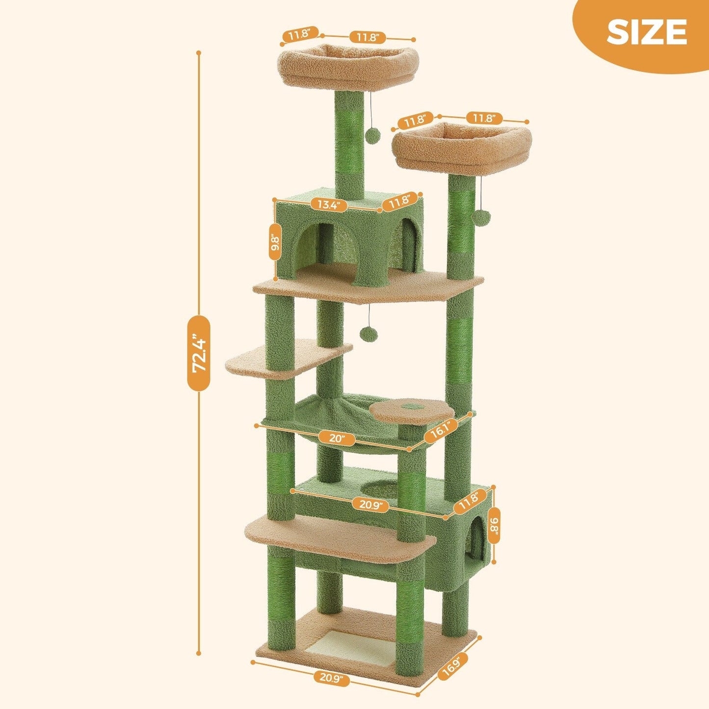 Grand arbre à chat, condo pour chat avec poteaux et coussins à gratter, 2 perchoirs rembourrés, double condo et panier.