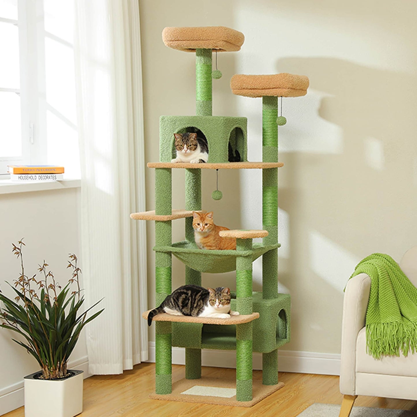Grand arbre à chat, condo pour chat avec poteaux et coussins à gratter, 2 perchoirs rembourrés, double condo et panier.