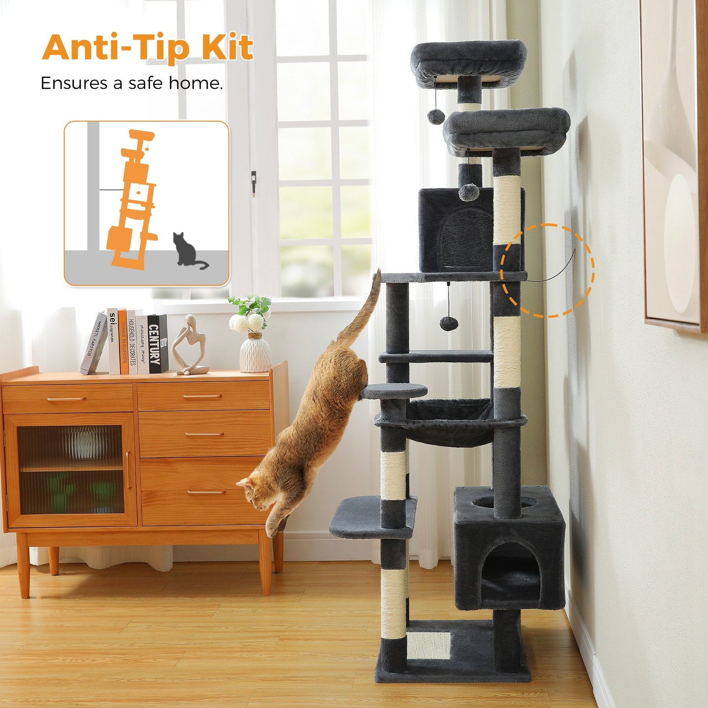 Grand arbre à chat, condo pour chat avec poteaux et coussins à gratter, 2 perchoirs rembourrés, double condo et panier.