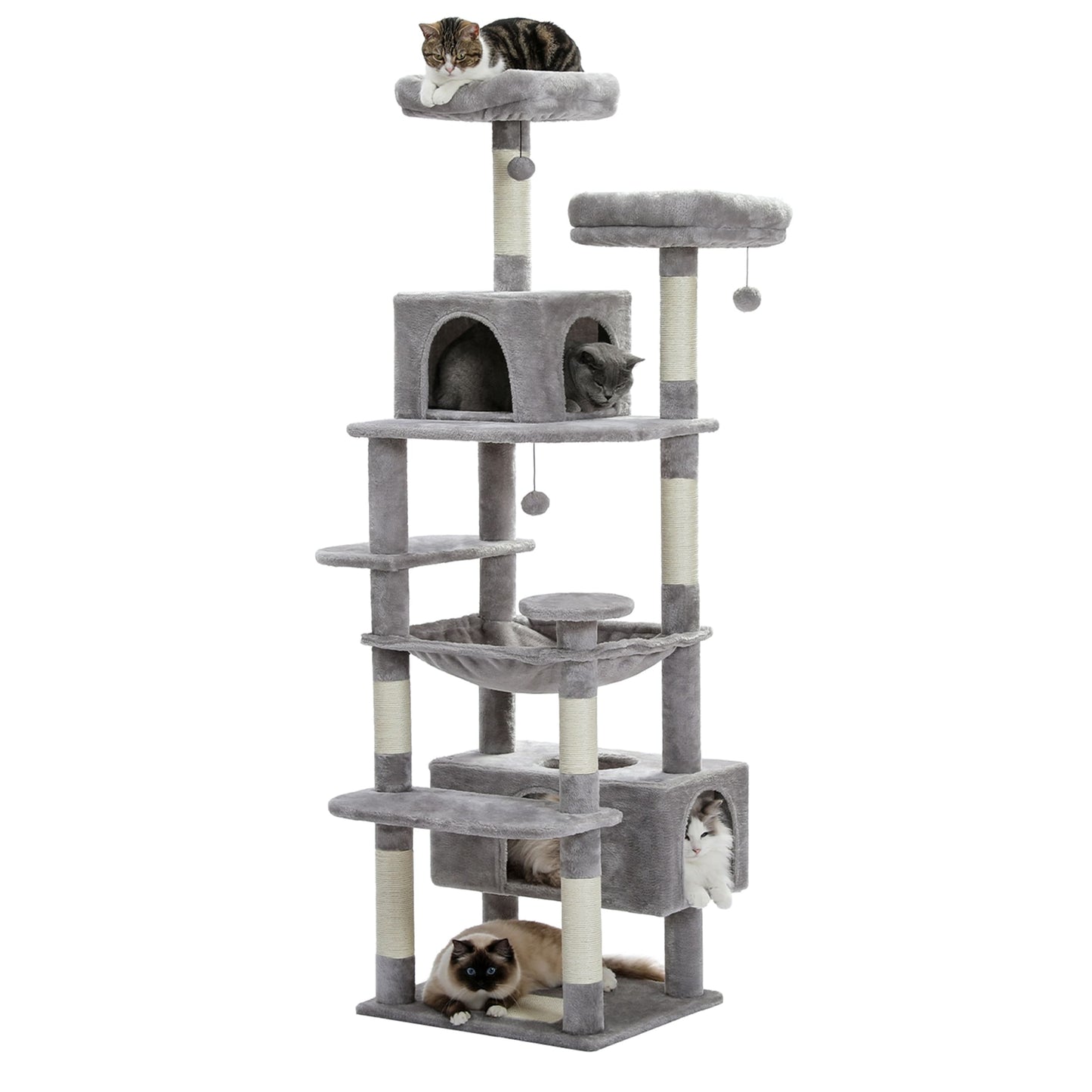 Grand arbre à chat, condo pour chat avec poteaux et coussins à gratter, 2 perchoirs rembourrés, double condo et panier.