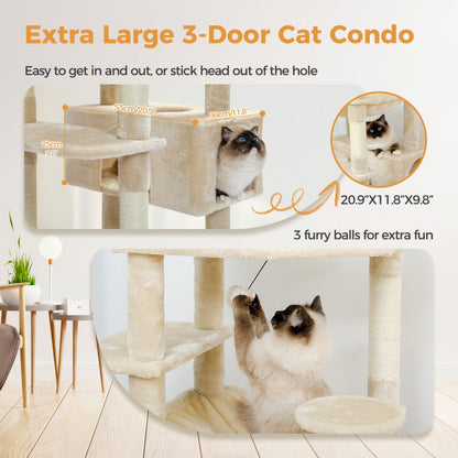 Grand arbre à chat, condo pour chat avec poteaux et coussins à gratter, 2 perchoirs rembourrés, double condo et panier.