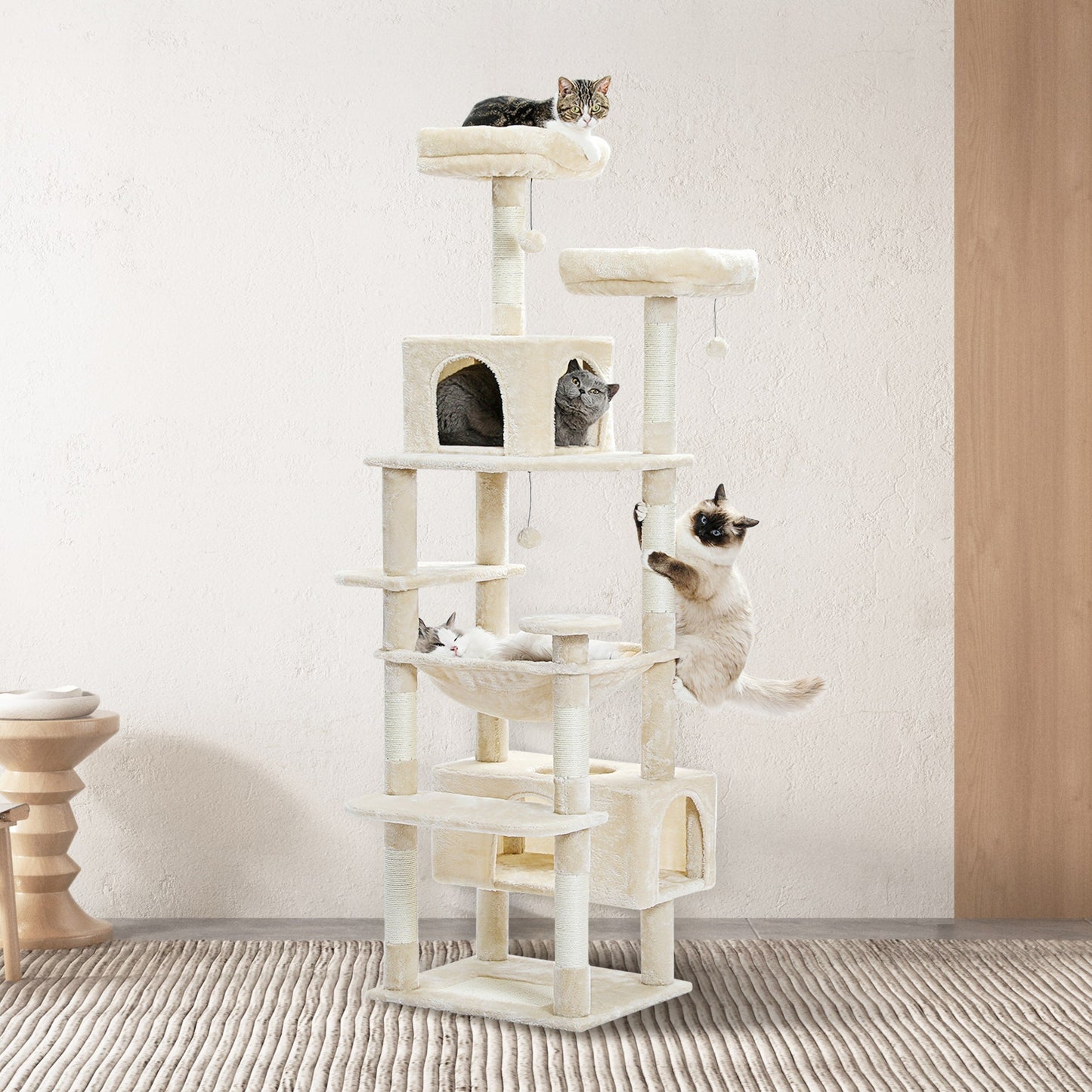 Grand arbre à chat, condo pour chat avec poteaux et coussins à gratter, 2 perchoirs rembourrés, double condo et panier.
