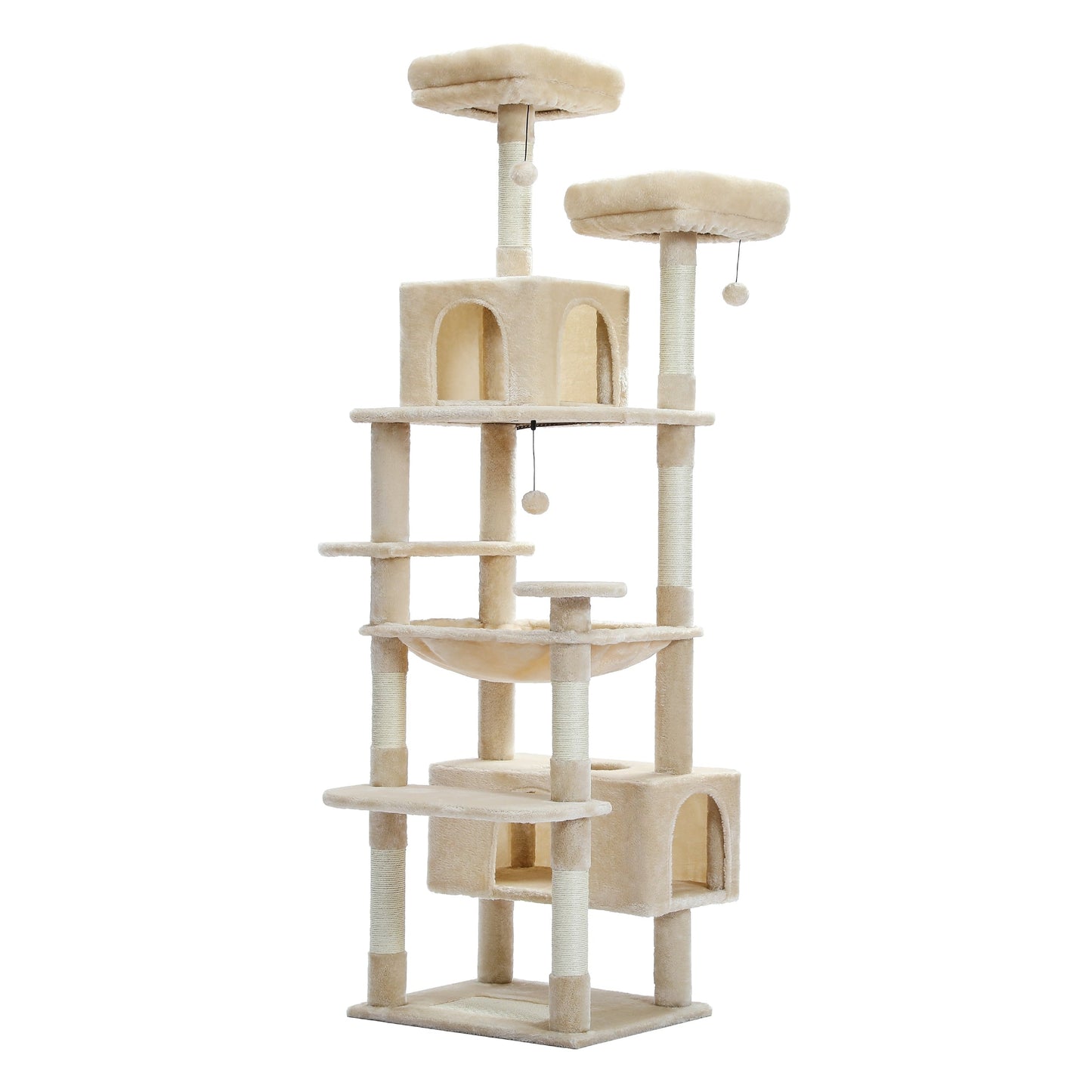 Grand arbre à chat, condo pour chat avec poteaux et coussins à gratter, 2 perchoirs rembourrés, double condo et panier.