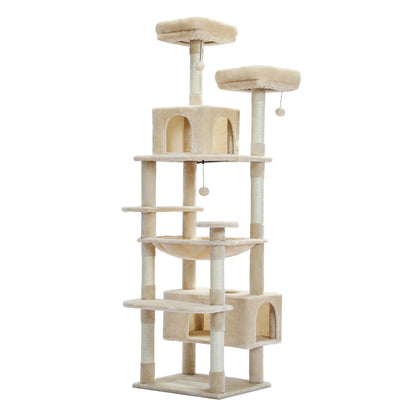 Grand arbre à chat, condo pour chat avec poteaux et coussins à gratter, 2 perchoirs rembourrés, double condo et panier.