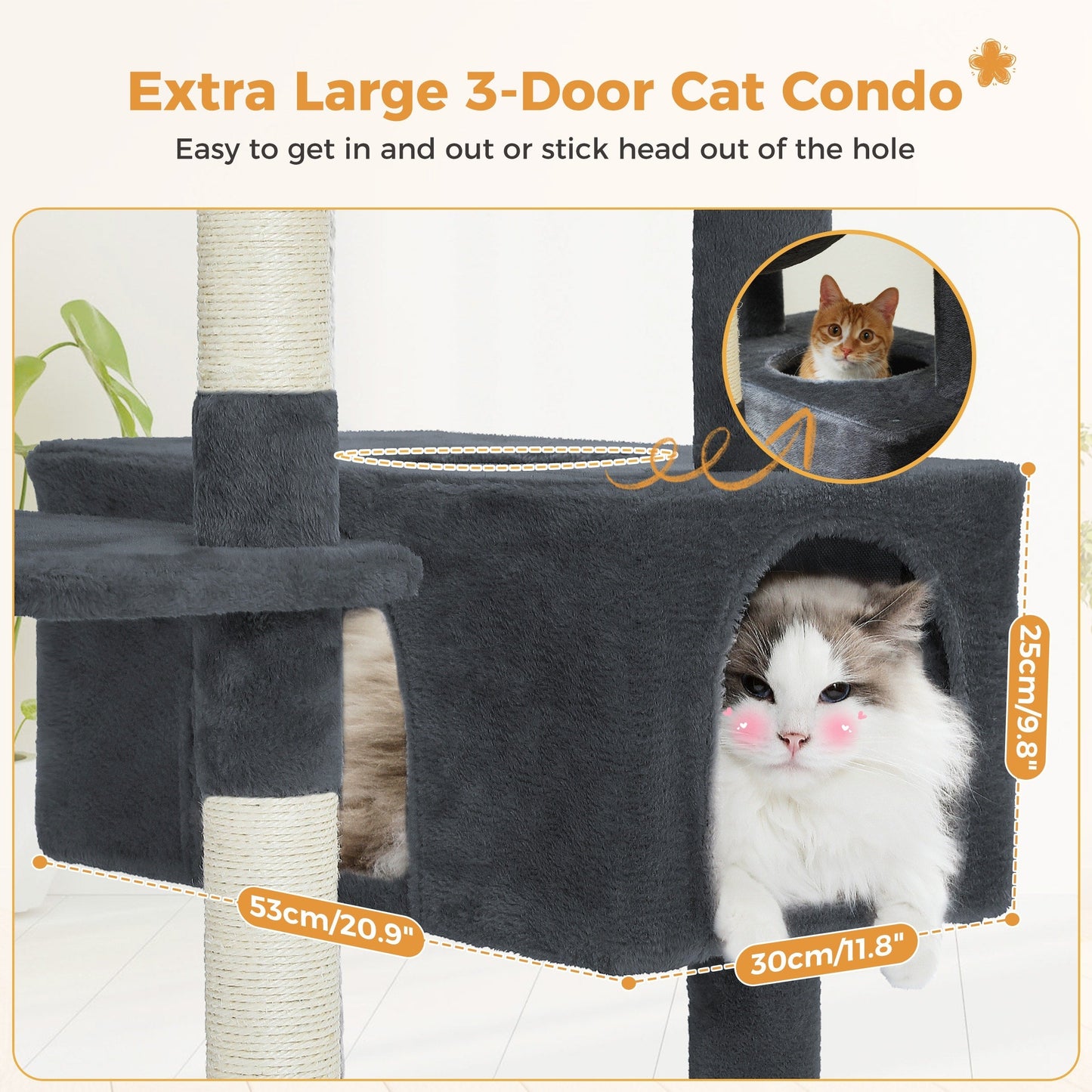 Grand arbre à chat, condo pour chat avec poteaux et coussins à gratter, 2 perchoirs rembourrés, double condo et panier.