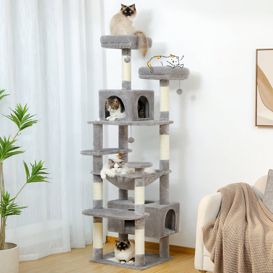 Grand arbre à chat, condo pour chat avec poteaux et coussins à gratter, 2 perchoirs rembourrés, double condo et panier.
