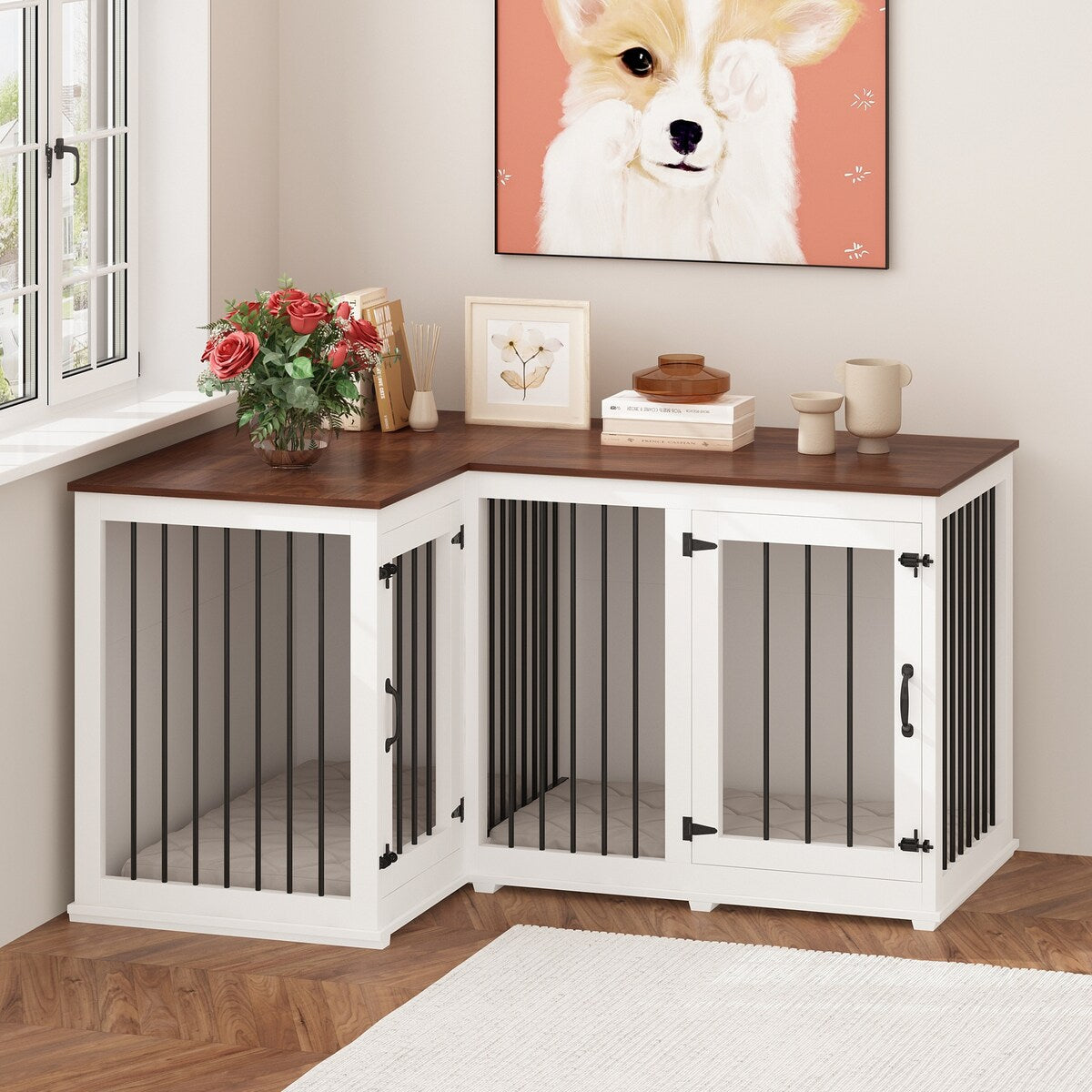 Grande niche pour chien d'angle, meuble pour 2 chiens, cage pour chien en forme de L - 58.7X41.1