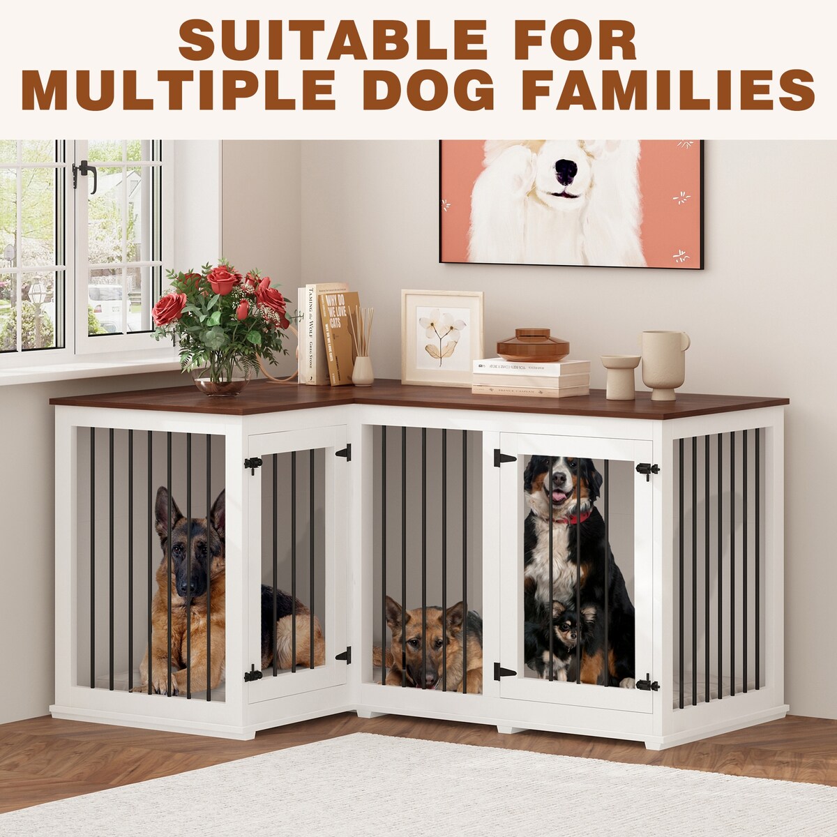 Grande niche pour chien d'angle, meuble pour 2 chiens, cage pour chien en forme de L - 58.7X41.1