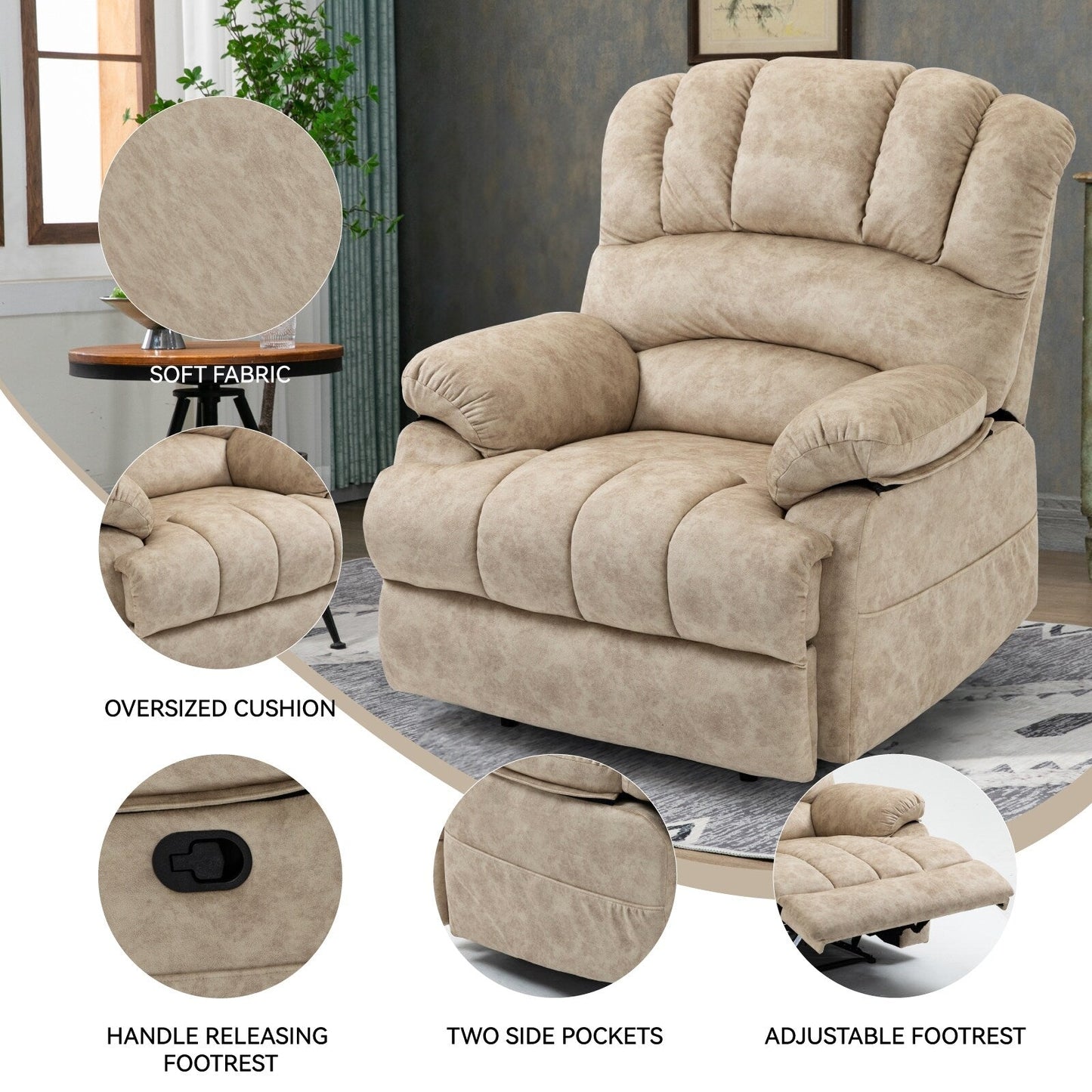 Grand fauteuil inclinable manuel pour adulte, confortable canapé inclinable individuel en tissu, fauteuil inclinable surrembourré pour salon.
