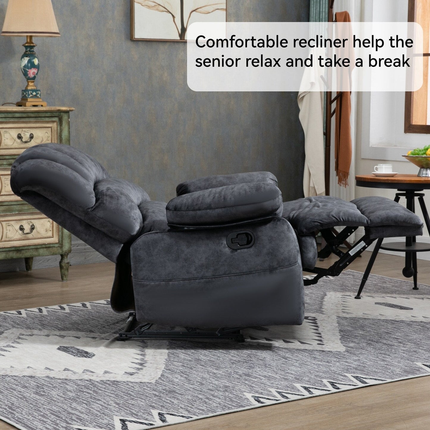 Grand fauteuil inclinable manuel pour adulte, confortable canapé inclinable individuel en tissu, fauteuil inclinable surrembourré pour salon.
