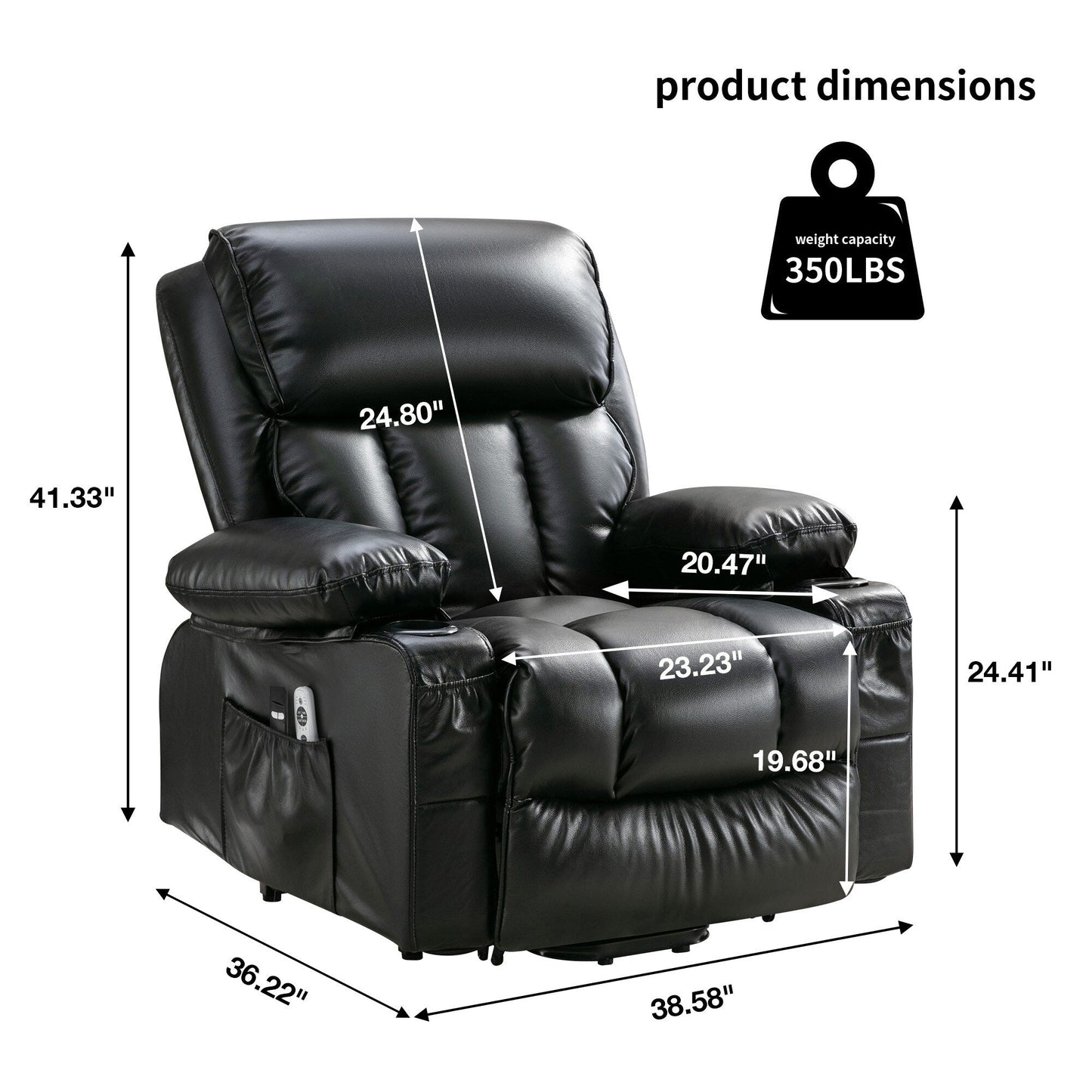 Grand fauteuil inclinable à levage électrique avec fonction de chauffage et massage à 8 points - Télécommande, port USB