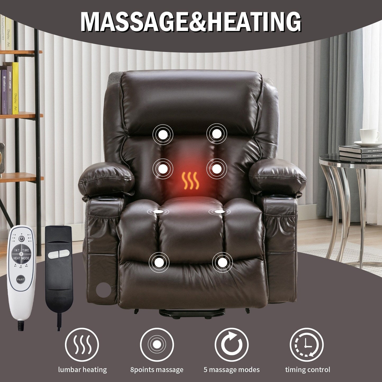 Grand fauteuil inclinable à levage électrique avec fonction de chauffage et massage à 8 points - Télécommande, port USB