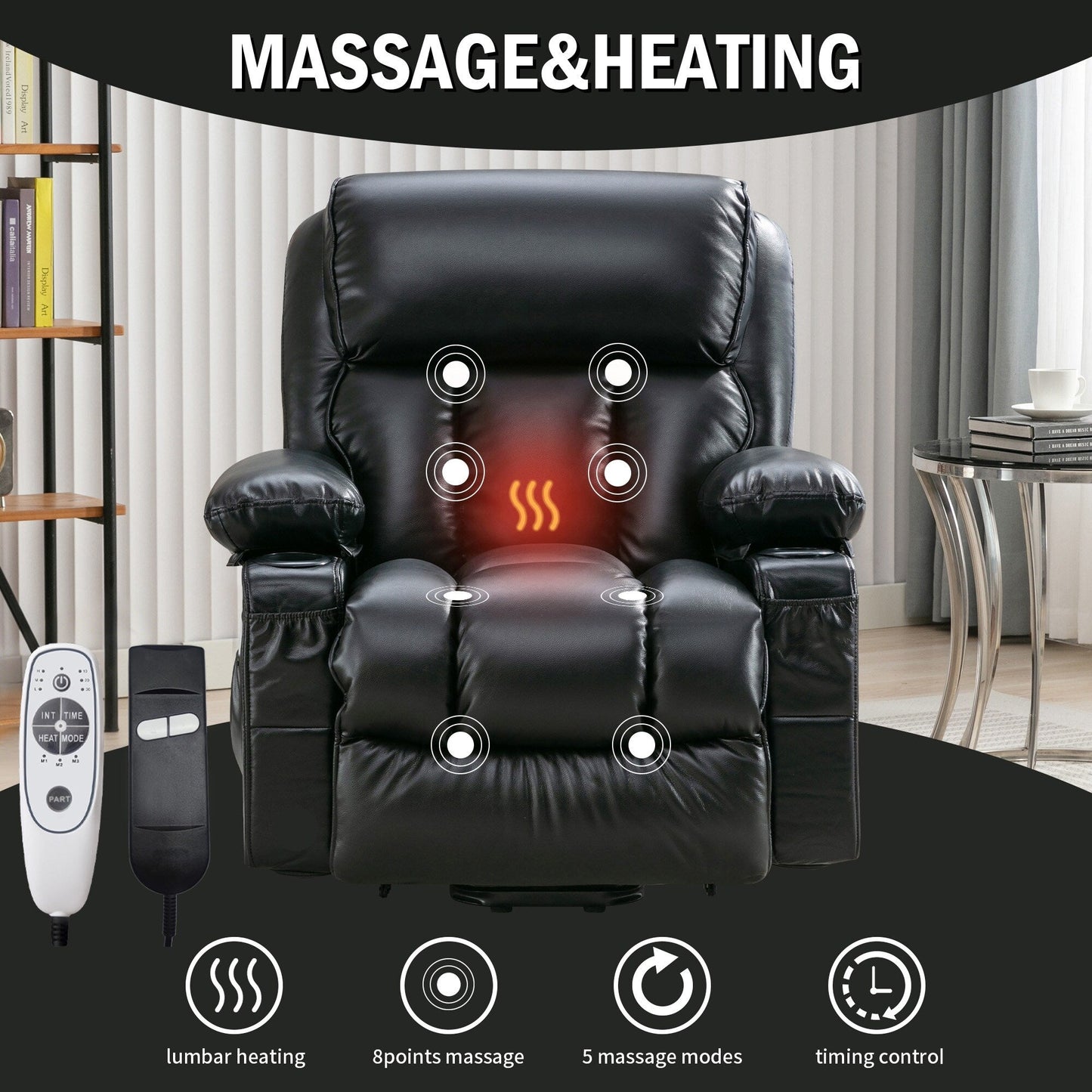 Grand fauteuil inclinable à levage électrique avec fonction de chauffage et massage à 8 points - Télécommande, port USB