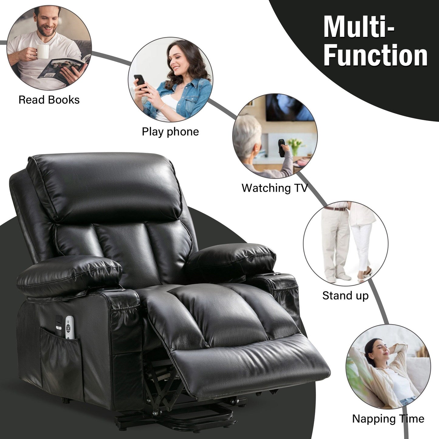 Grand fauteuil inclinable à levage électrique avec fonction de chauffage et massage à 8 points - Télécommande, port USB