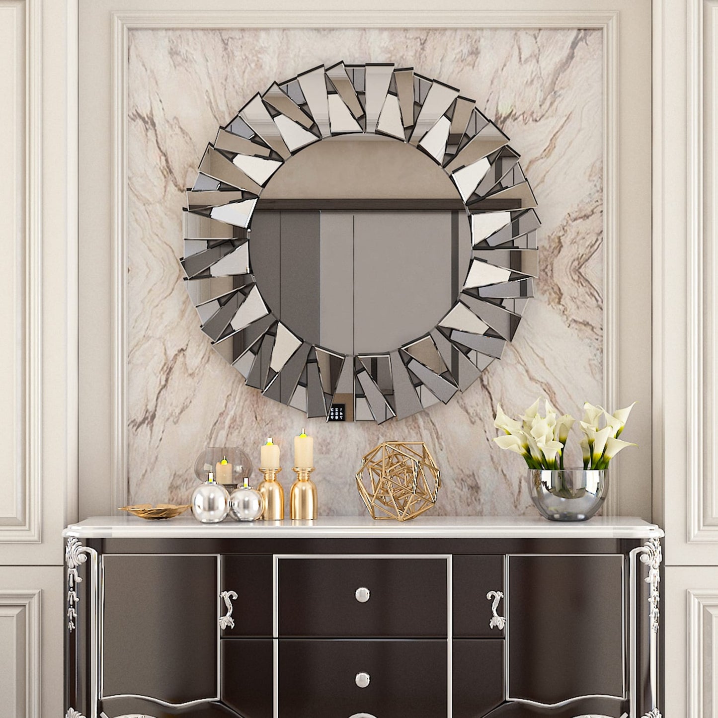 Grand miroir rond décoratif, miroir mural artistique en verre, miroir d'accent - 81 cm (l) x 81 cm (h)