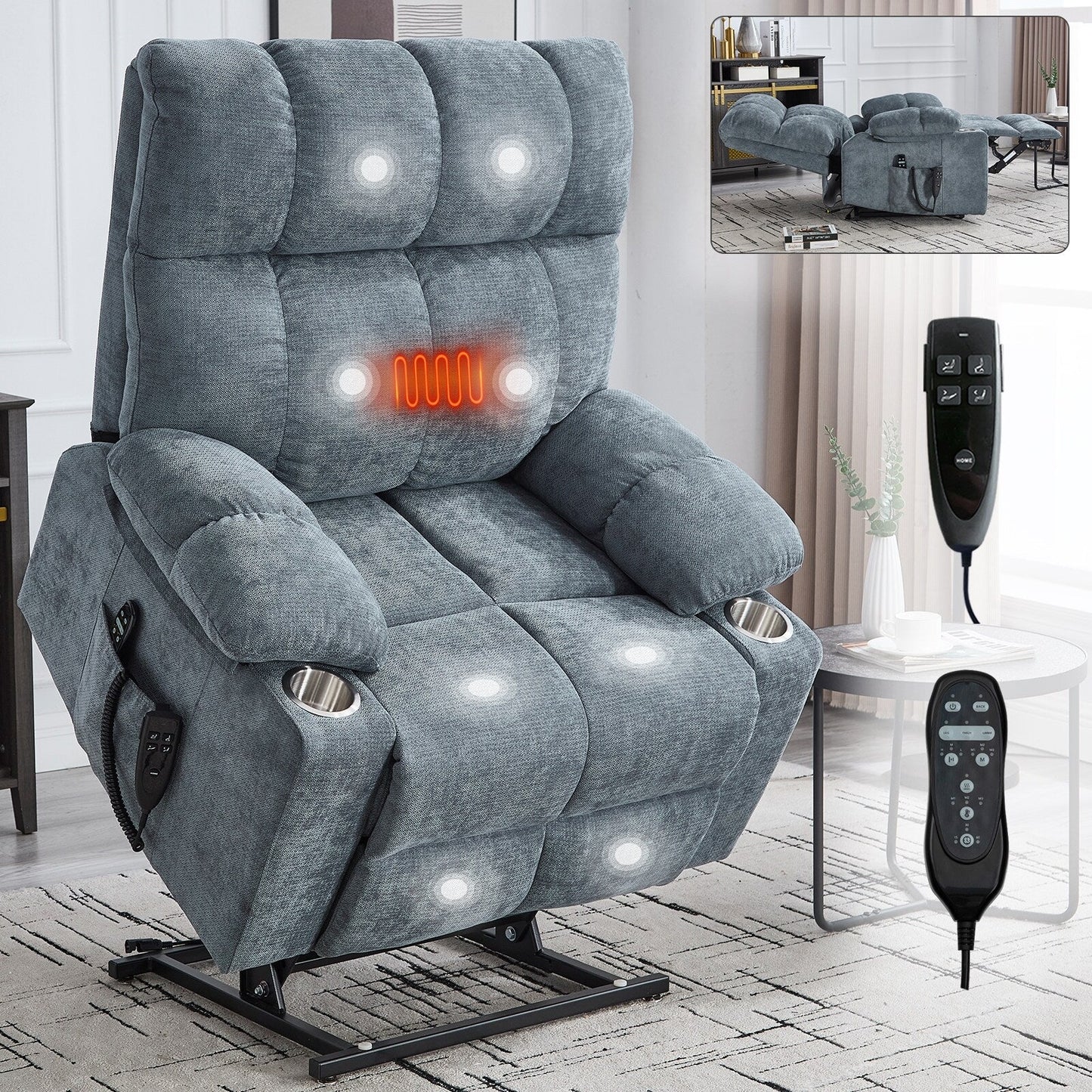 Fauteuil inclinable électrique à double moteur Lazy Boy en chenille avec massage et chauffage lombaire, double porte-gobelets, gris-bleu