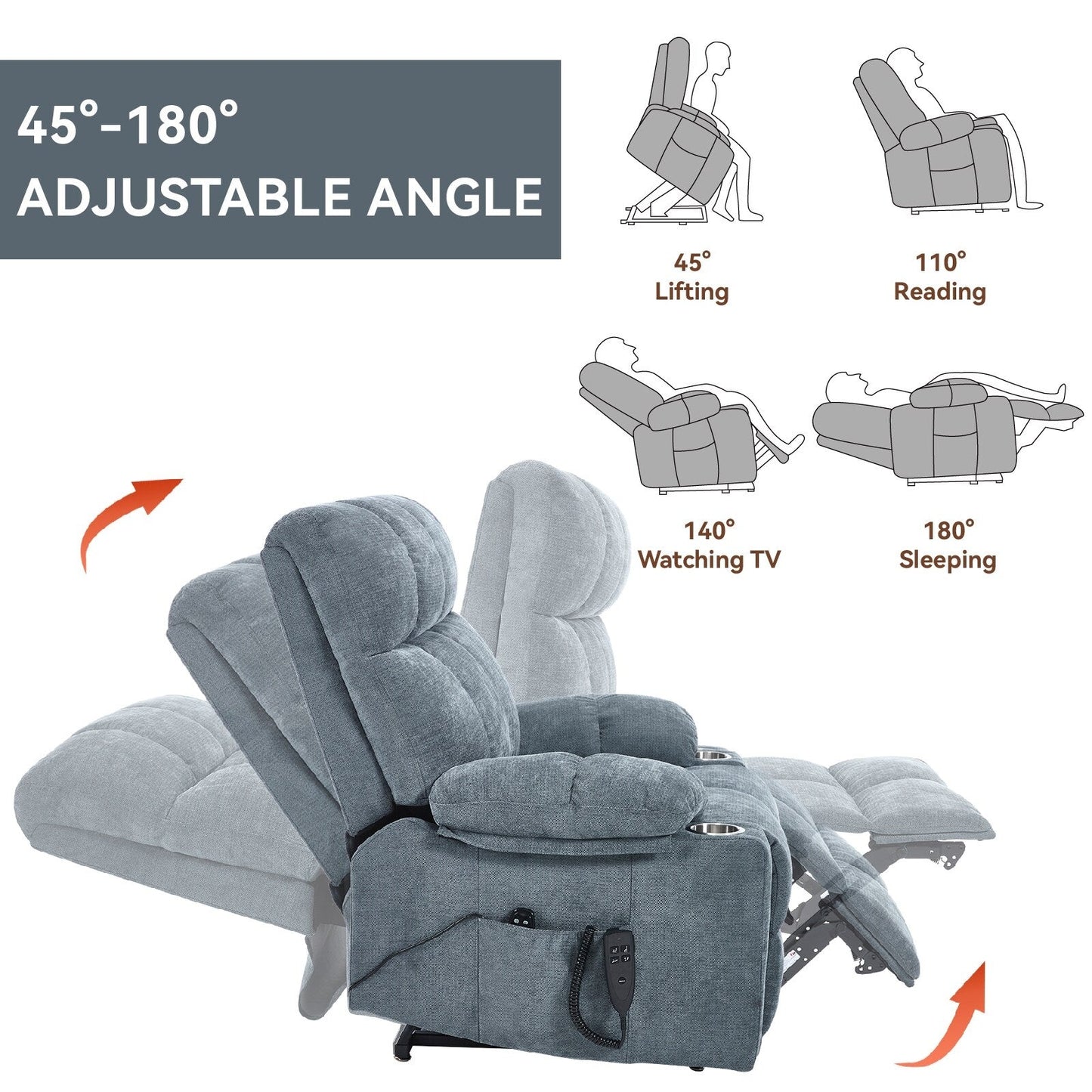 Fauteuil inclinable électrique à double moteur Lazy Boy en chenille avec massage et chauffage lombaire, double porte-gobelets, gris-bleu