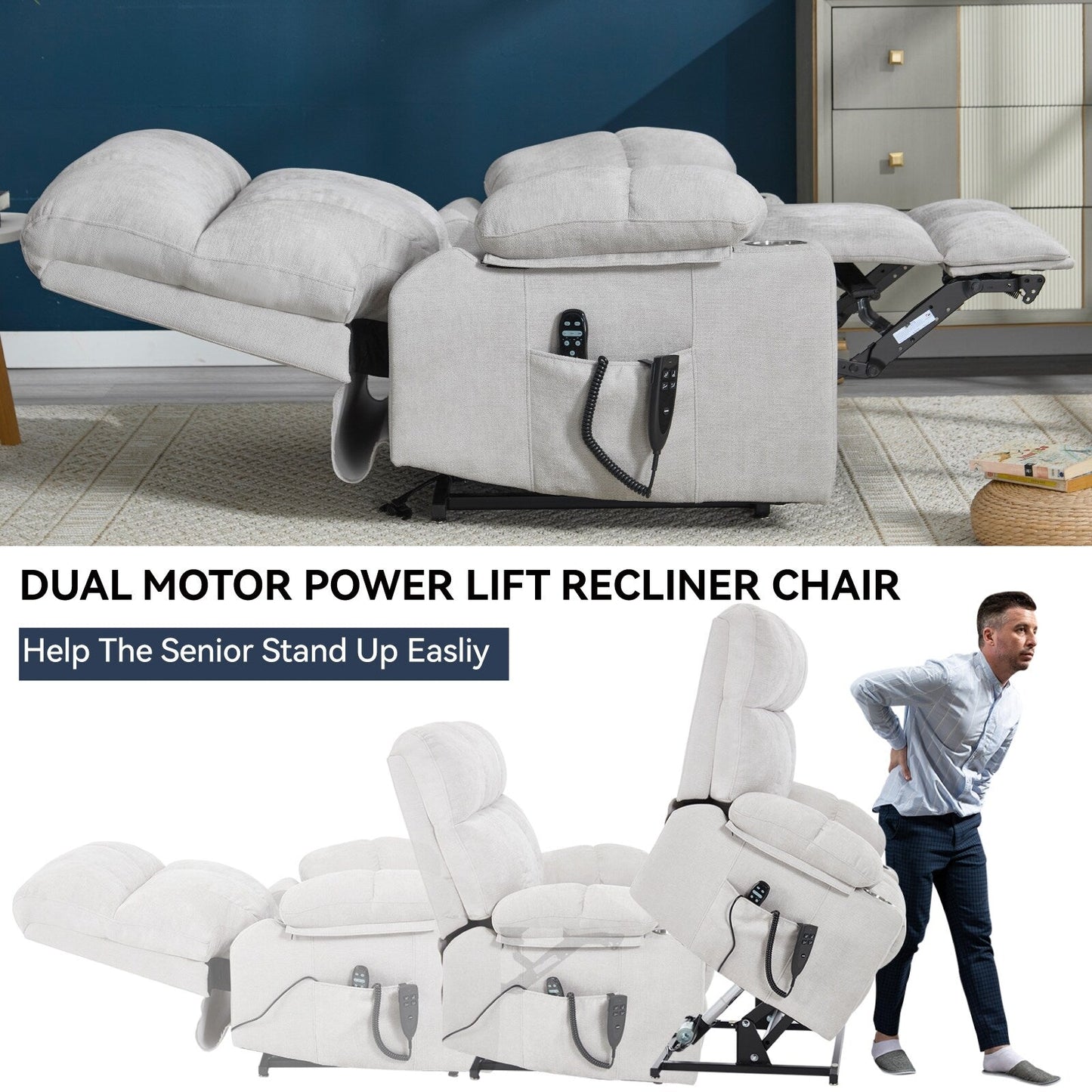 Fauteuil inclinable électrique à double moteur Lazy Boy en chenille avec massage et chauffage lombaire, double porte-gobelets, gris-bleu