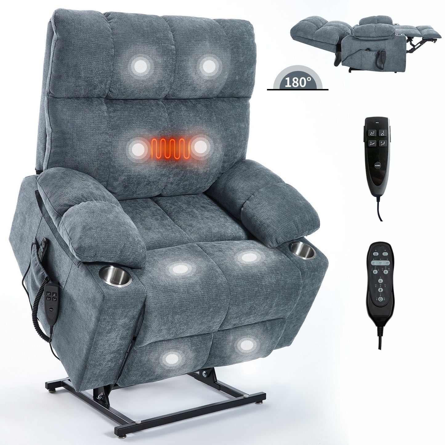 Fauteuil inclinable électrique à double moteur Lazy Boy en chenille avec massage et chauffage lombaire, double porte-gobelets, gris-bleu