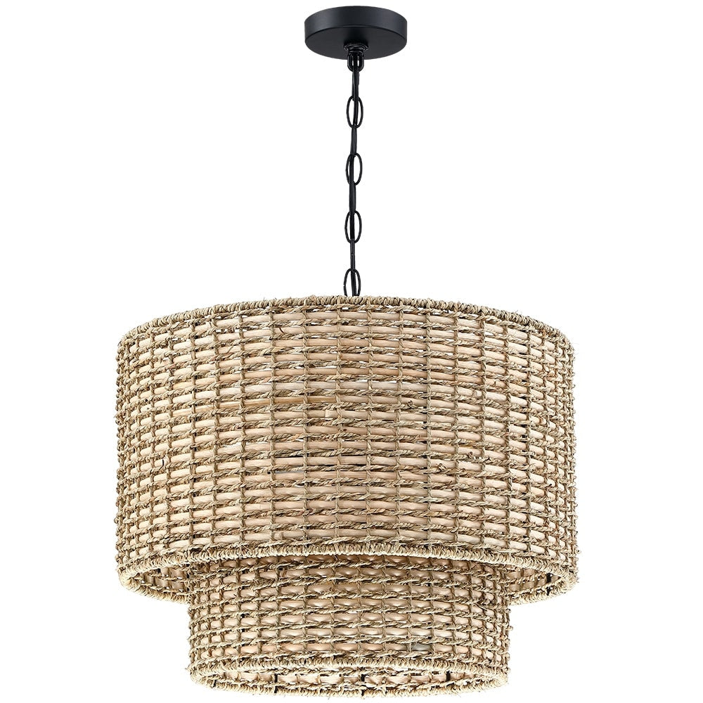 Luminaire à suspension à plusieurs niveaux en rotin Lennie, 4 lumières, 50 cm (20 po), avec abat-jour noir - 50 cm (20 po) L - 50 cm (20 po) L