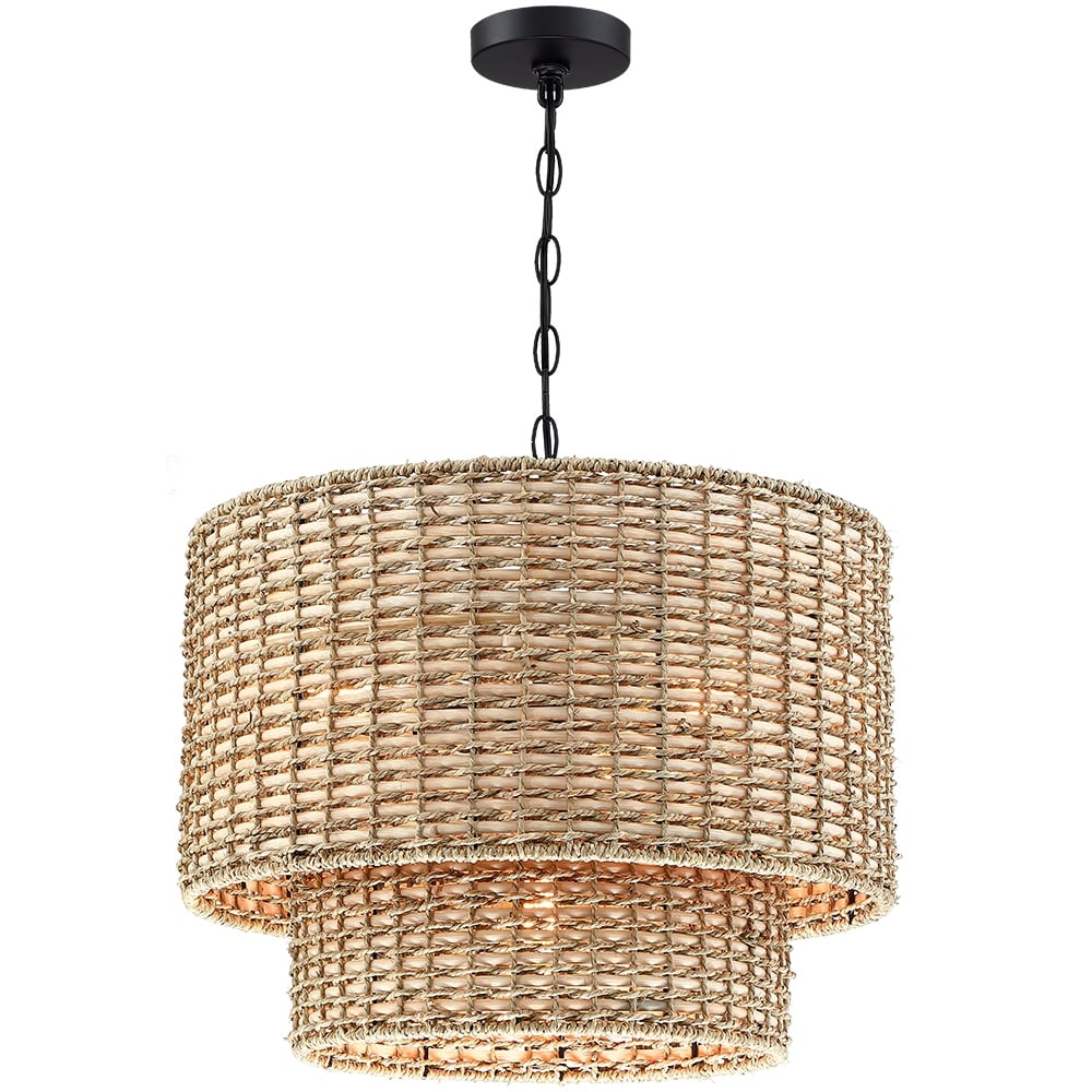 Luminaire à suspension à plusieurs niveaux en rotin Lennie, 4 lumières, 50 cm (20 po), avec abat-jour noir - 50 cm (20 po) L - 50 cm (20 po) L