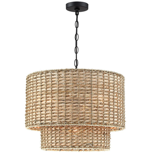 Luminaire à suspension à plusieurs niveaux en rotin Lennie, 4 lumières, 50 cm (20 po), avec abat-jour noir - 50 cm (20 po) L - 50 cm (20 po) L