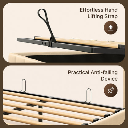 Cadre de lit coffre relevable, cadre de lit plateforme recouvert de tissu avec système de rangement hydraulique et tête de lit.