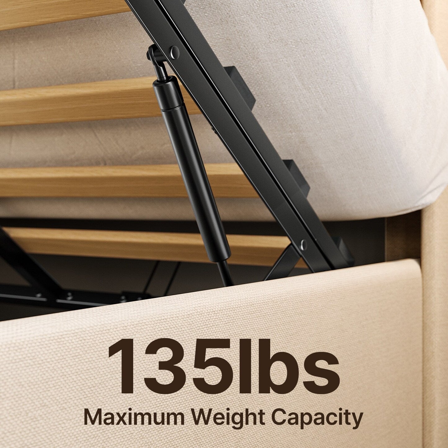 Cadre de lit coffre relevable, cadre de lit plateforme recouvert de tissu avec système de rangement hydraulique et tête de lit.