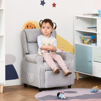 Fauteuil inclinable manuel pour enfants, recouvert de tissu, gris clair, avec repose-pieds et 2 poches latérales, pour enfants de 3 à 5 ans.
