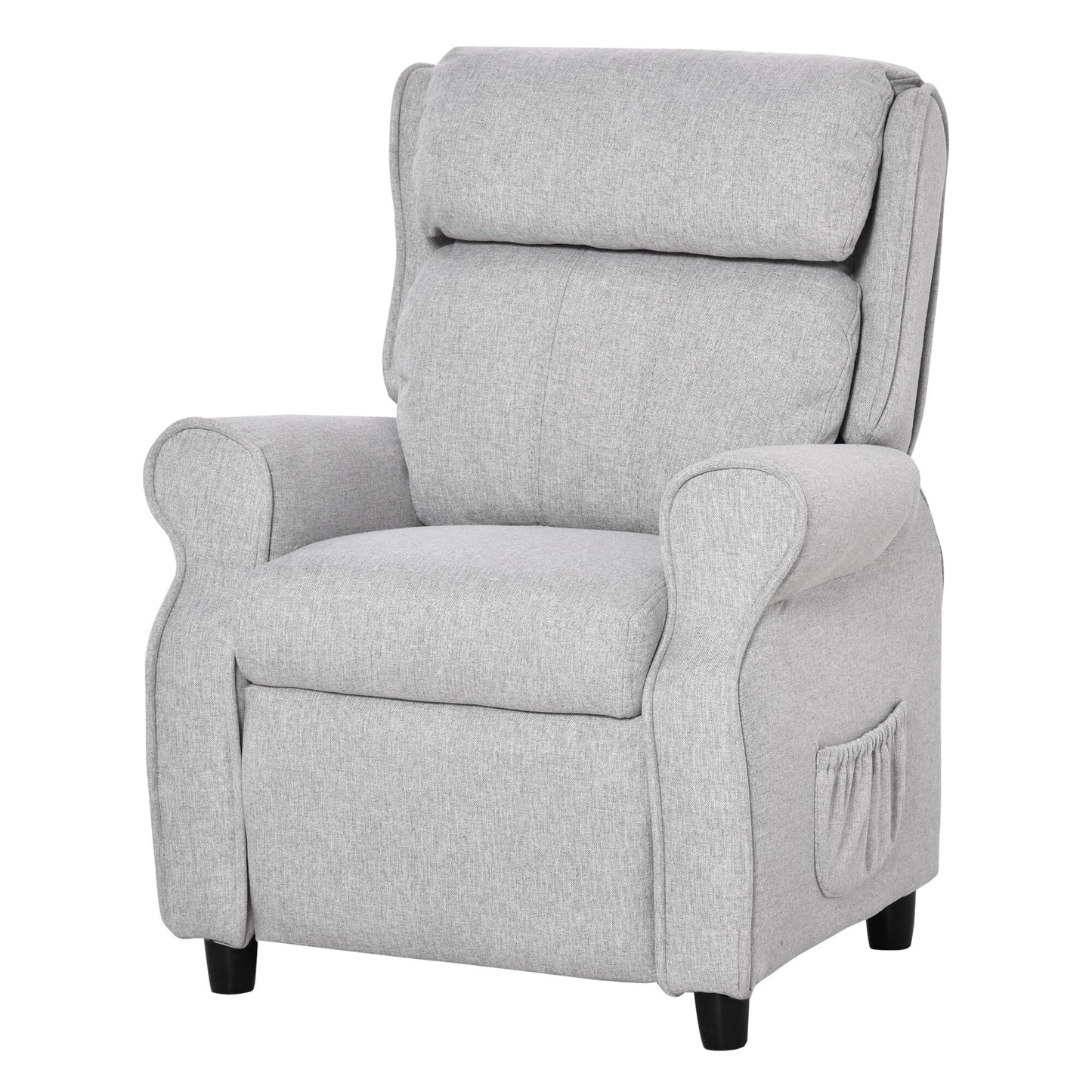 Fauteuil inclinable manuel pour enfants, recouvert de tissu, gris clair, avec repose-pieds et 2 poches latérales, pour enfants de 3 à 5 ans.