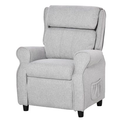 Fauteuil inclinable manuel pour enfants, recouvert de tissu, gris clair, avec repose-pieds et 2 poches latérales, pour enfants de 3 à 5 ans.
