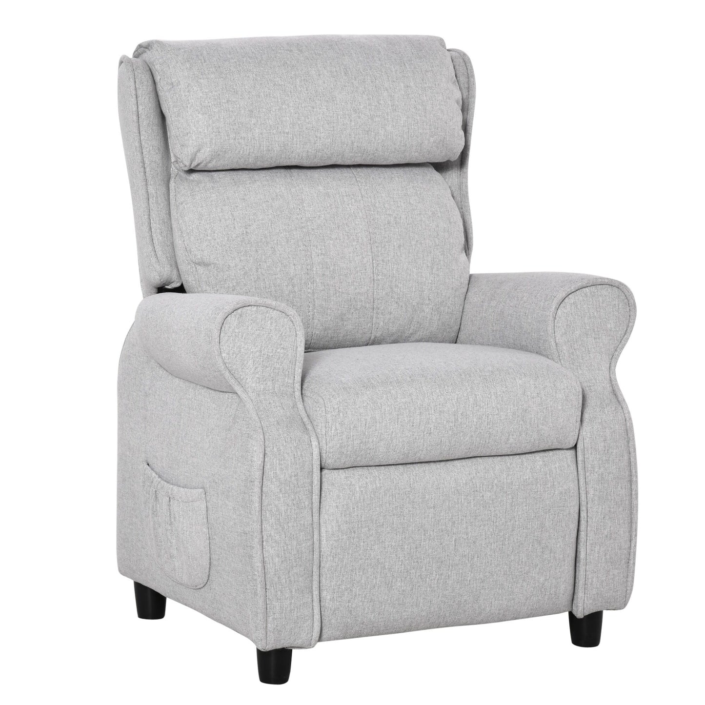 Fauteuil inclinable manuel pour enfants, recouvert de tissu, gris clair, avec repose-pieds et 2 poches latérales, pour enfants de 3 à 5 ans.