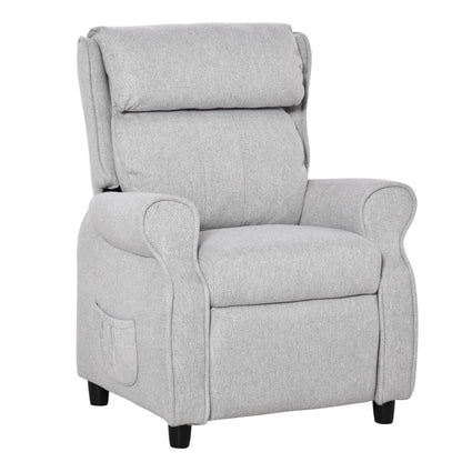 Fauteuil inclinable manuel pour enfants, recouvert de tissu, gris clair, avec repose-pieds et 2 poches latérales, pour enfants de 3 à 5 ans.