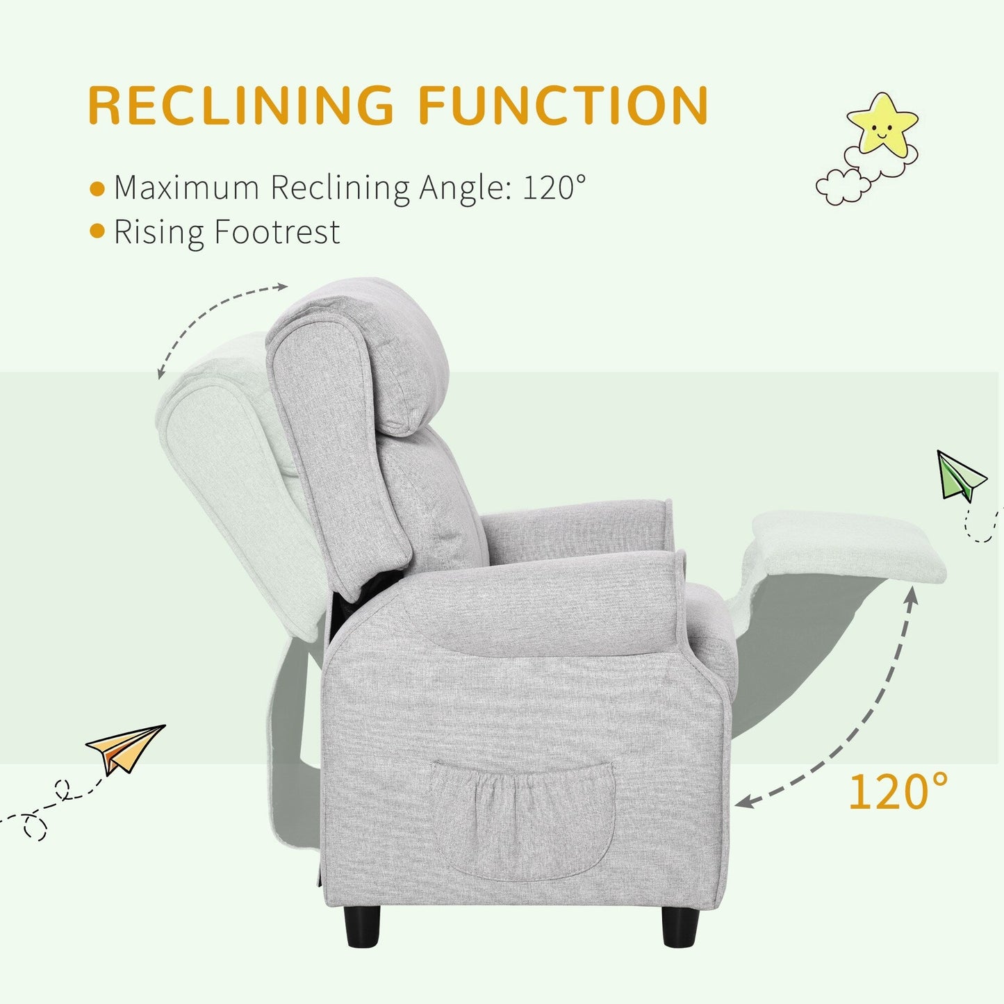 Fauteuil inclinable manuel pour enfants, recouvert de tissu, gris clair, avec repose-pieds et 2 poches latérales, pour enfants de 3 à 5 ans.