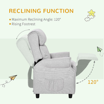 Fauteuil inclinable manuel pour enfants, recouvert de tissu, gris clair, avec repose-pieds et 2 poches latérales, pour enfants de 3 à 5 ans.